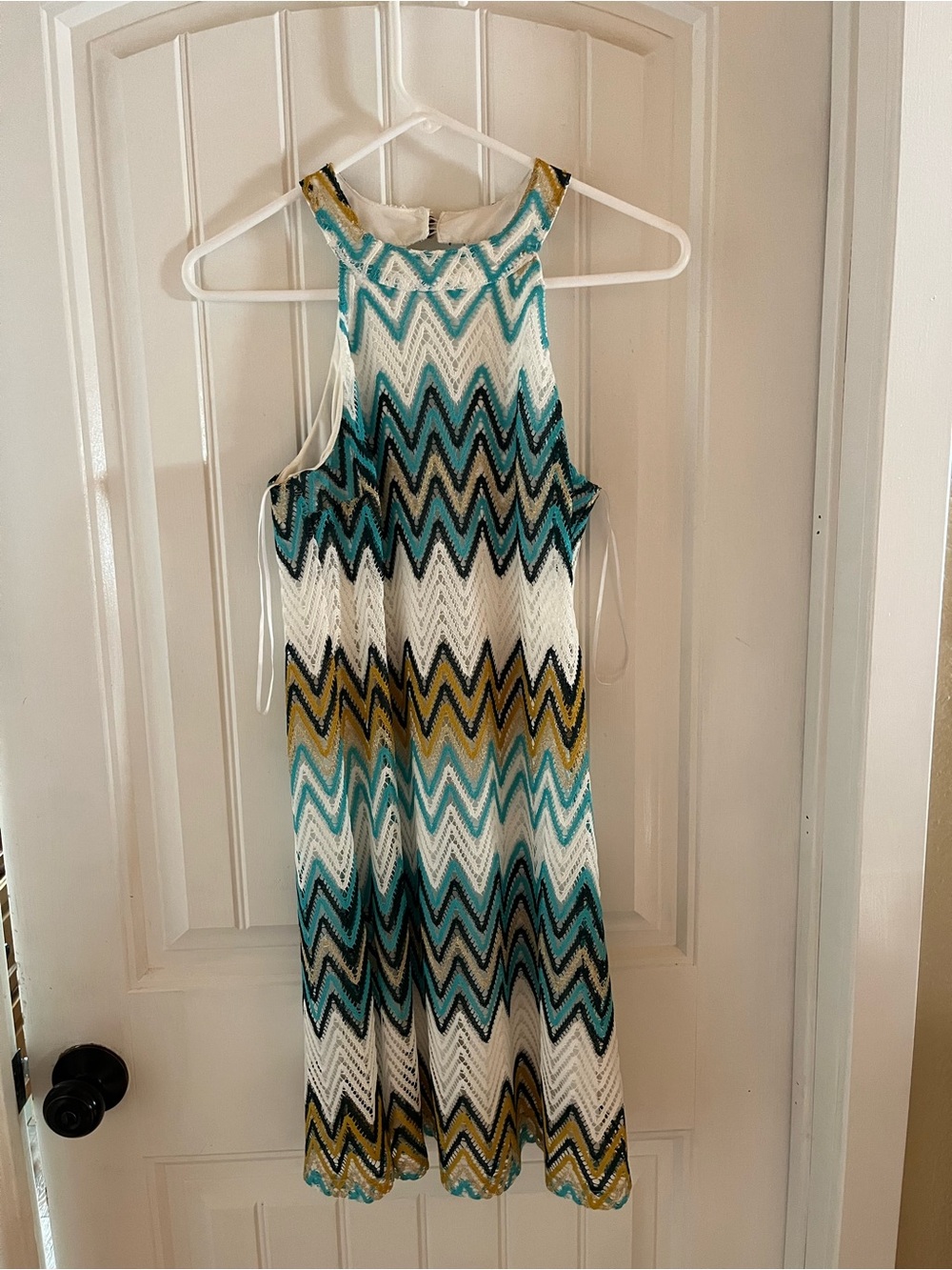 Chevron Knit Sleeveless Midi Dress in Teal, White & Gold